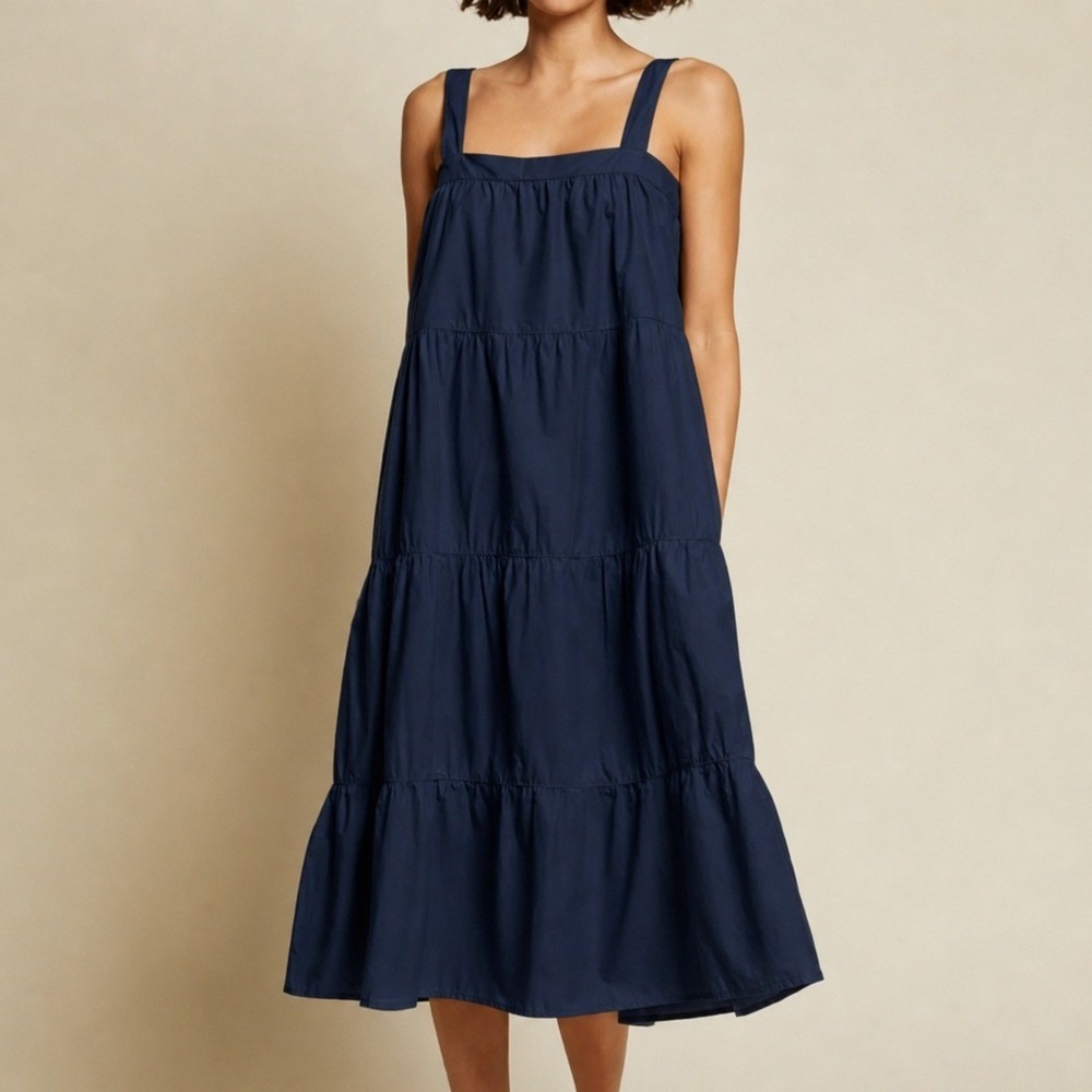 Nation LTD Amelia Tie Shoulder Midi Dress Small Navy Blue Pima Cotton Tiered